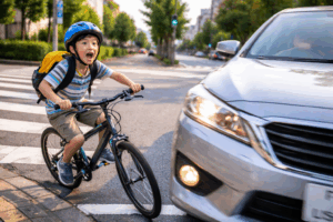 自転車と車が接触事故を起こしそうになっている画像